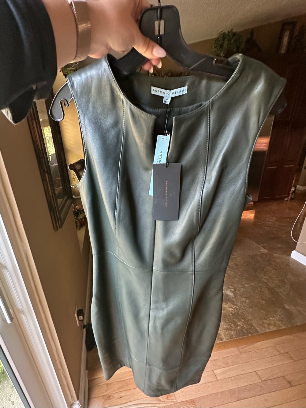 ANTONIO MELANI Dark Green Leather Sheath Dress